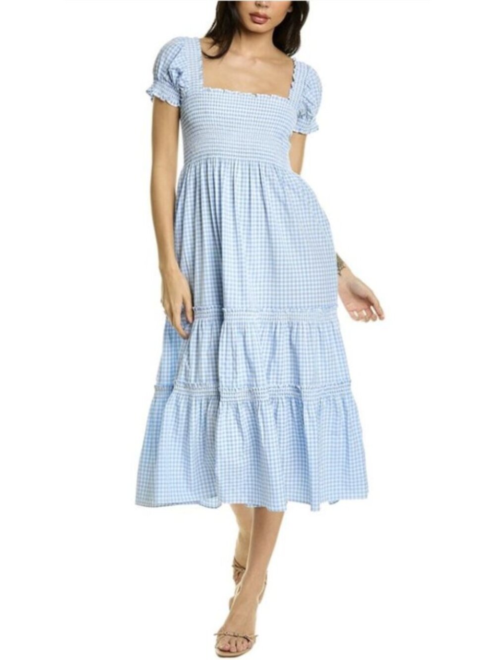 O.P.T Daphne Gingham Smocked Tiered Midi Dress Medium Trad Wife Cottagecore